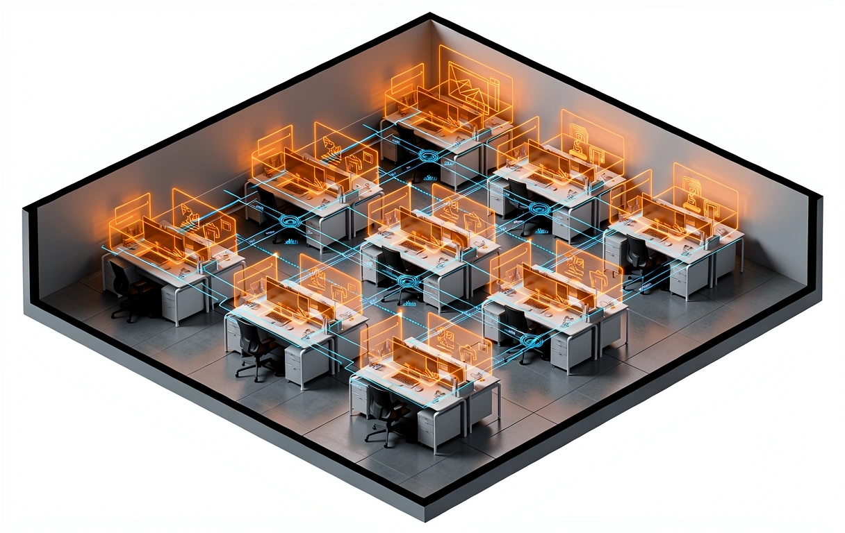 Architectural visualization of a digital employee portal integrated into physical office infrastructure.