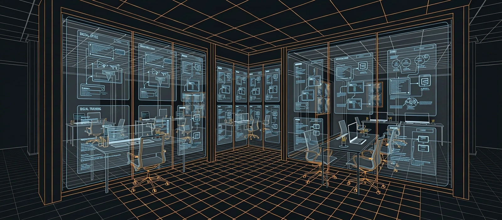 Architectural visualization of a digital employee portal integrated into a physical workspace